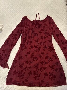 Womens Burgundy Mesh and Velvet Floral Long Sleeve Dress